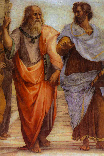 Platón y Aristóteles, su discípulo más importante. Escuela de Atenas, Rafael (detalle)