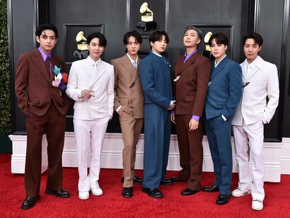 Korean musical pop group BTS on the red carpet at the Grammy Awards