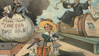 The illustration shows a schoolboy outside a "Public School," with Charles M. Schwab sitting on a large money bag labeled "$1,000,000 salary" on a steel factory, and a Supreme Court justice holding a balance scale and a small money bag labeled "$10,500 salary," sitting on a book labeled "Law and Constitution."
