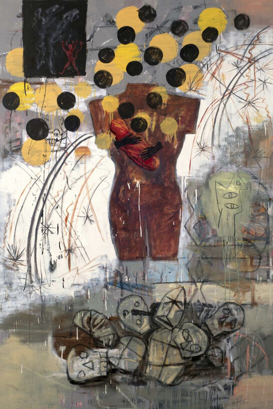 Jaune Quick-to-See Smith, Shock and Awe, 2011, oil and acrylic on canvas, 72 x 48 inches
