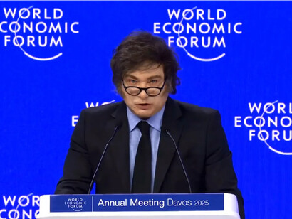 Argentina's President Javier Milei addresses the World Economic Forum in Davos at the 2025 annual meeting