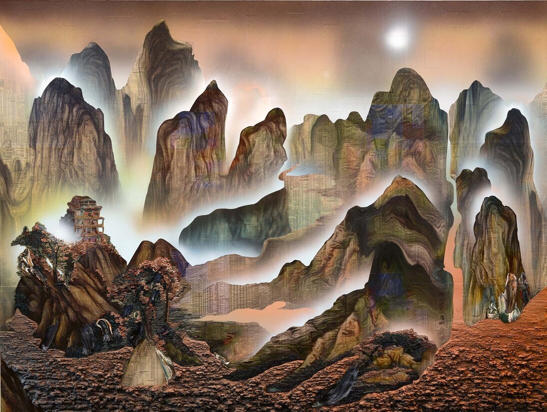 Gordon Cheung, TBT (Chinese landscape), 2015, Signed, titled, dated verso, Financial newspaper, acrylic, pumice and sand on canvas and sail cloth, 150 x 200 cm, courtesy Edel Assanti, copyright Gordon Cheung
