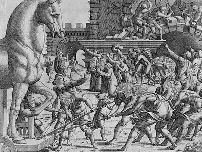 The Trojans Bring the Wooden Horse into Their City, print, Jean Mignon, after Luca Penni (MET, 32.92.9)