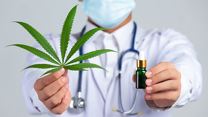 A healthcare professional presenting a cannabis leaf and cannabis oil bottle in front of a white wall, highlighting the therapeutic potential of medical cannabis