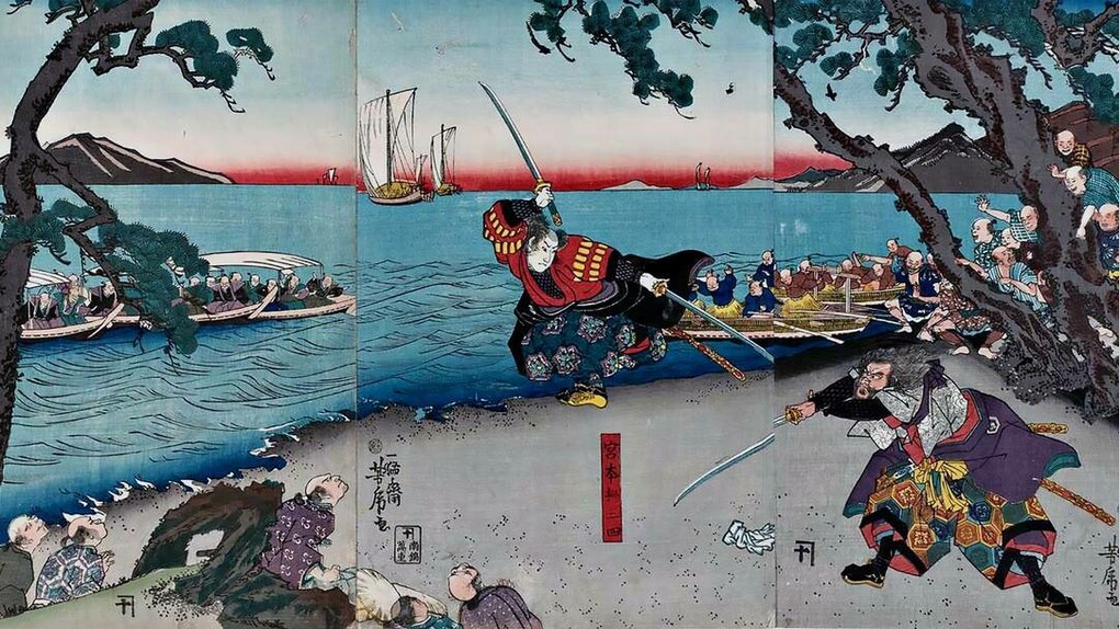Il famoso duello tra il maestro di spada Miyamoto Musashi (a sinistra) e Sasaki Kojiro (Ganryu) sull'isola di Ganryu-jima, Yoshifusa Utagawa (1840-1860)