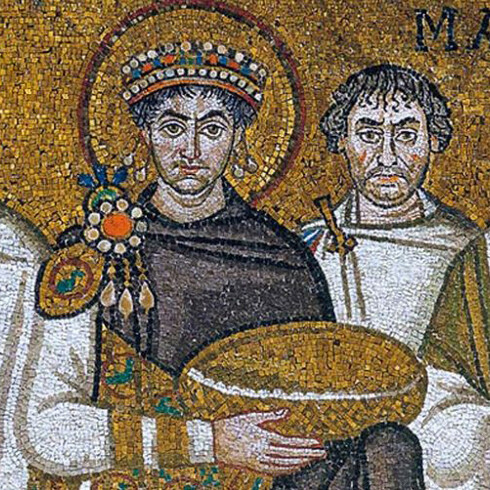 Ravenna, Basilica di San Vitale, particolare del mosaico con Giustiniano e il suo seguito