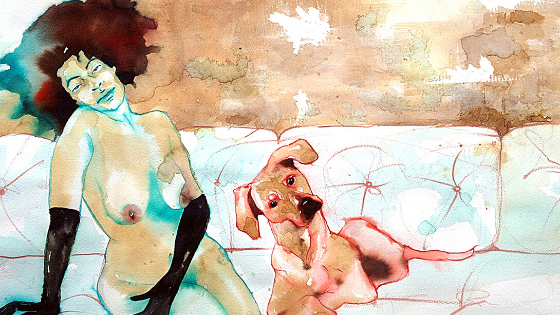 Demi Kaia, Sitting on a sofa with the curious dog, ink & pencil on paper, 75 x 115 cm