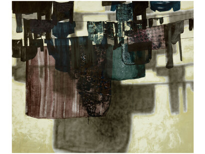 Mohammed Sami, The Weeping Lines, 2022, mixed media on linen, 114 5/8x135 inches (291.1x342.9 cm), photo by Robert Glowacki Photography, © Mohammed Sami. Courtesy of the artist, Luhring Augustine, New York, and Modern Art, London