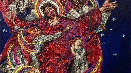 Annelie McKenzie, Rainbow Jesus, 2013 / oil and pom poms on canvas / 48 x 38 inches