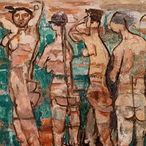 Fausto Pirandello, Bagnanti, 1972, olio su cartone, cm. 72x101,5