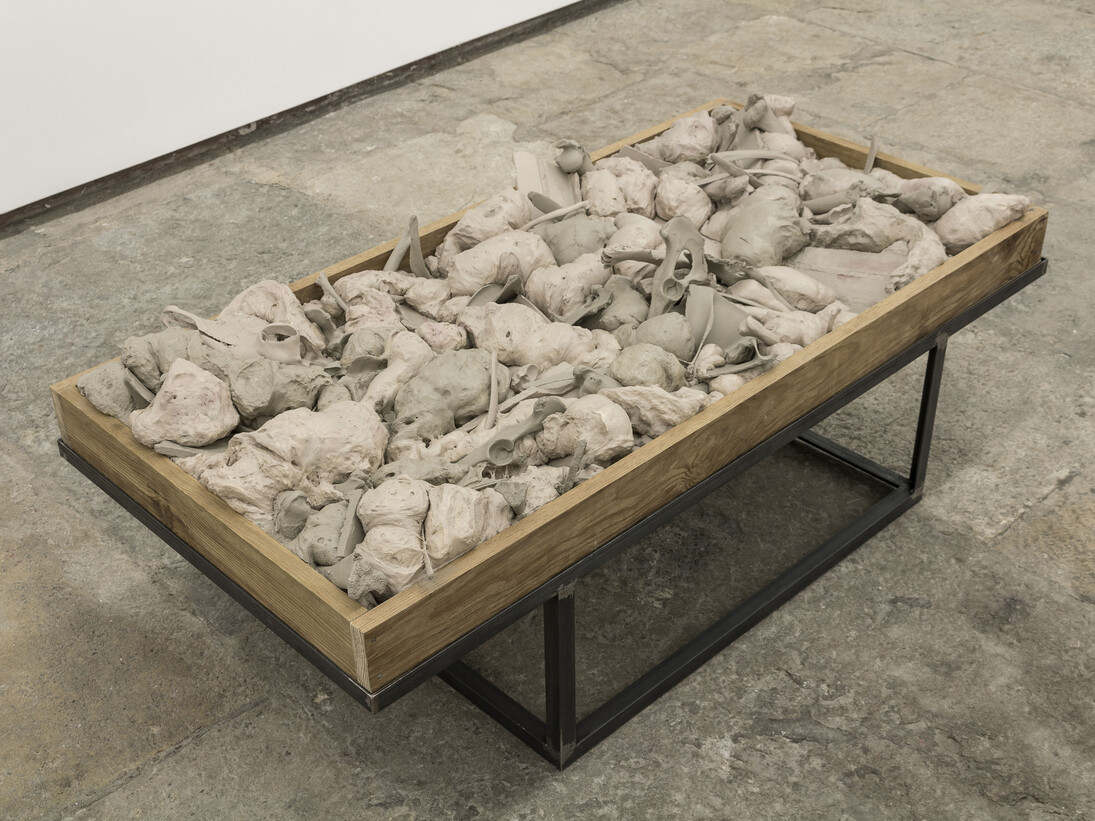 Exhibition view (detail, Untitled, 2015, acrylic, expanding foam, bones, bricks, wood, iron, 38 x 123 x 61,5 cm), I´m a mineralist, André Trindade, Photo: João Ferro Martins. Image courtesy of the artist and 3+1 Arte Contemporânea, Lisboa