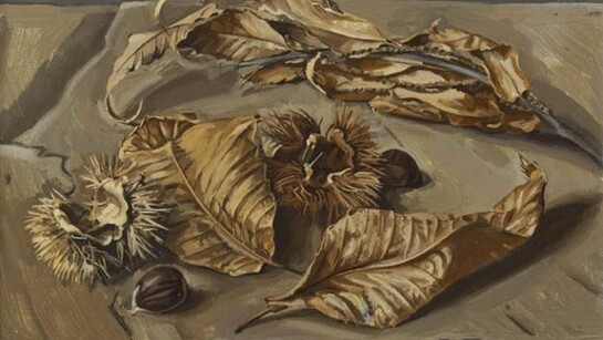 Edmund Chamberlain, Still Life with Horse Chesnuts and Leaves, Oil on canvas, 8 x 9 /20 x 23 cm