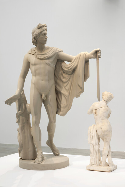 Francesco Vezzoli, Metamorfosi (Self-portrait as Apollo killing the satyr Marsyas),
2015,
2 parts,
Roman Imperial marble figure of a satyr playing the pipe, self-portrait polyurethane sculpture,
Satyr: 112,1 cm / Apollo: 220 cm
