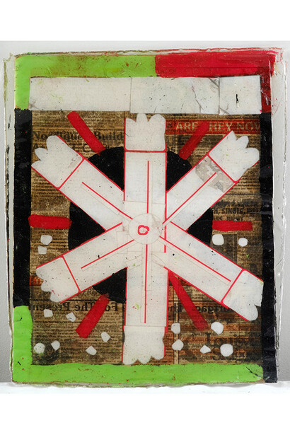 Mark DeLong, Good Night to You All, 2014, acrylic paint, paper, leaves and resin on newspaper, 15hx13w in.