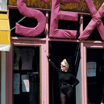 Model/muse Pamela “Jordan” Rooke photographed outside the store