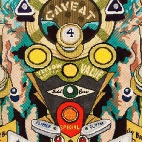 Maria E. Piñeres, Caveat (May He Beware), 2013, cotton floss on plastic mounted on wood panel, 25 x 41"