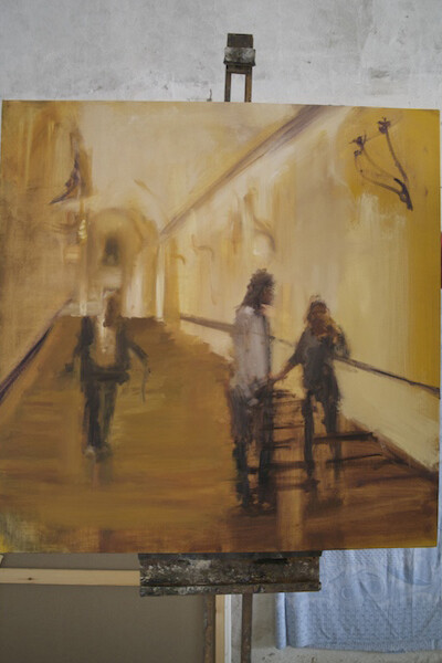 Tim Parry, Yellow Stairs, 113 cm x 112 cm, oil on Belgian linen canvas