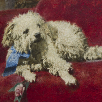 Daniele Ranzoni, Barboncino bianco, 1878-79, olio su tela 37 x 44 cm. Courtesy of Gallerie Maspes