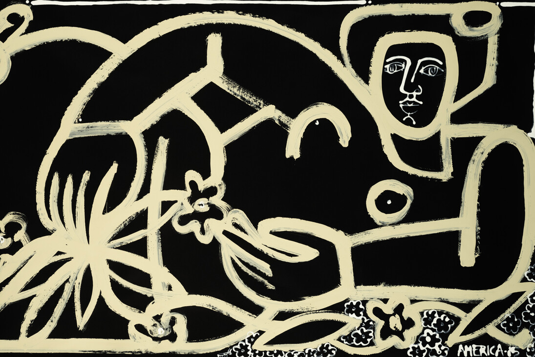 America Martin, Bare Feet, Leaves and Flowers 
Ink and Acrylic on Paper
43" x 85"
