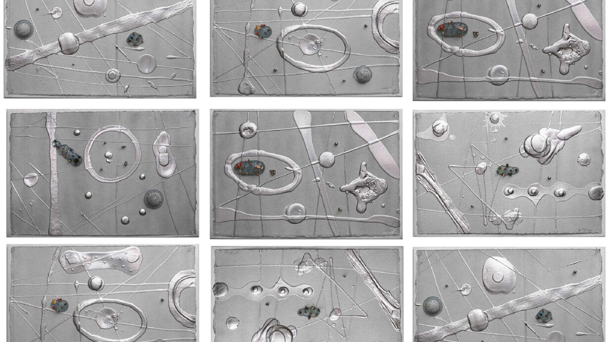 Enrico T. De Paris, Cosmic map, 2011, 190 x 130 cm, paper acid free, acrylic paint, inox magnetic balls, pvc figures, synthetic paint, adhesive hybrid polymer