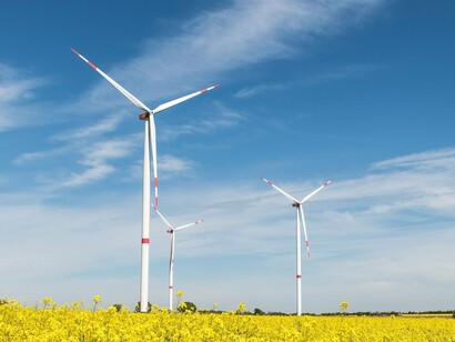 Towering wind turbines amongst a field of flowers, reflecting China's pursuit of innovation alongside economic modernization