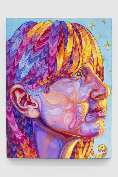 Hannah Lupton Reinhard, Lauren (Sunlight), 2024, oil and Swarovski crystals on panel,
12 x 9 in. Courtesy of the artist and Rusha & Co.
