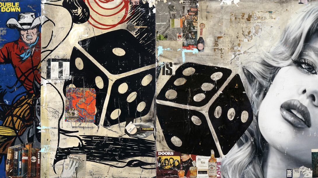 Greg Miller, Double Down, acrylic and collage on canvas, 48x96 inches. Courtesy the artist and William Turner Gallery
