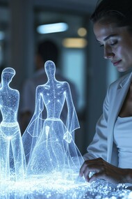 A fashion designer shaping holographic garment concepts, representing AI as a creative assistant rather than a replacement for human expertise