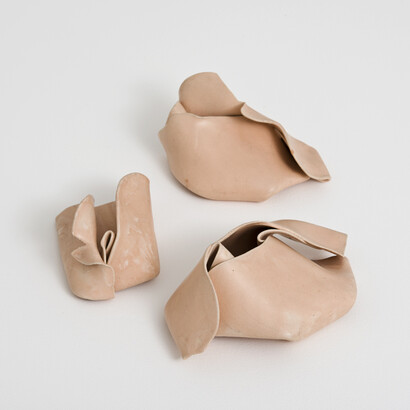 Hannah Wilke, Untitled, 1977, 3 unglazed ceramics: A) 16.5 x 10.2 x 10.2 cm / 6 1/2 x 4 x 4 ins, B) 10.8 x 7 x 5.7 cm / 4 1/4 x 2 3/4 x 2 1/4 ins, C) 13.3 x 8.3 x 7 cm / 5 1/4 x 3 1/4 x 2 3/4 ins, © Marsie, Emanuelle, Damon, and Andrew Scharlatt, Hannah Wilke Collection & Archive, Los Angeles; Courtesy Alison Jacques Gallery, London; Photography Michael Brzezinski

