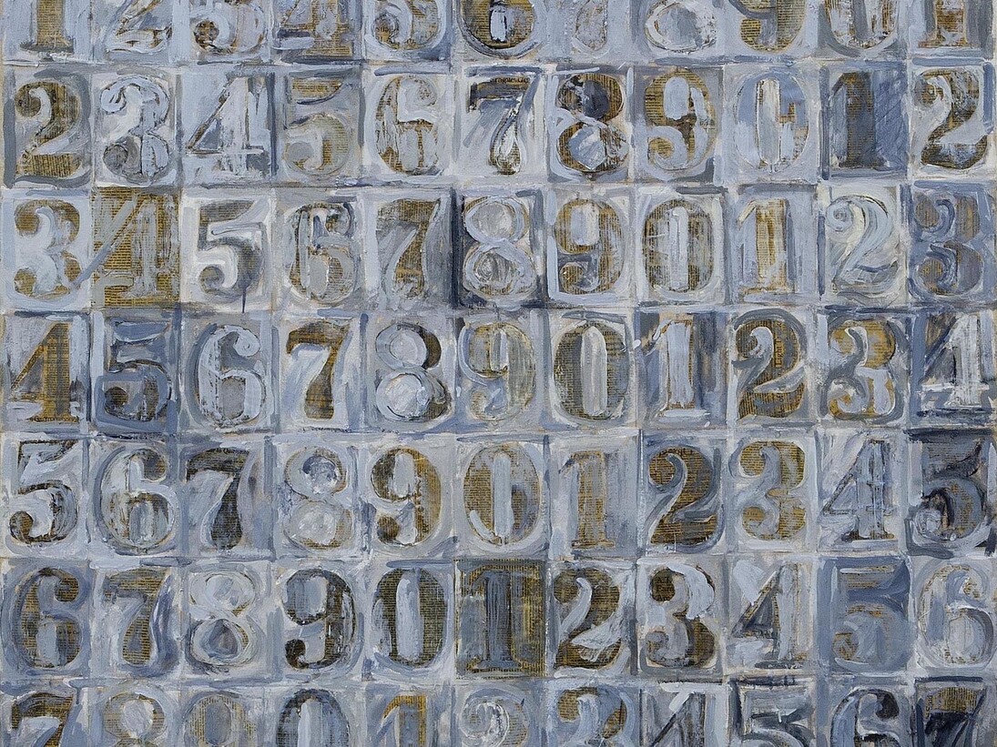 Sturtevant, Johns Gray Numbers,
1991,
encausto e collage su tela, dettaglio,
Courtesy Estate Sturtevant, Galerie
Thaddaeus Ropac, Paris-Salzburg