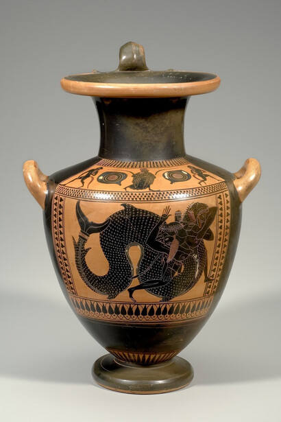 Greek, made in Attica
Attributed to the Rycroft Painter
Black-Figure Hydria with Herakles Wrestling Triton
Archaic period, ca. 520–510 BC
Terracotta, added color
H. 20 1/4in. (51.4 cm)
Sidney and Lois Eskenazi Museum of Art, Gift of Thomas T. Solley