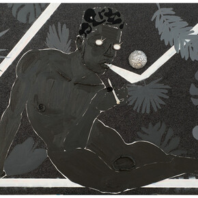 Devan Shimoyama, Adjusting to the Luminous Black, 2015
Oil, glitter, rhinestones, beads, collage on canvas
68 x 48 x 2.25in