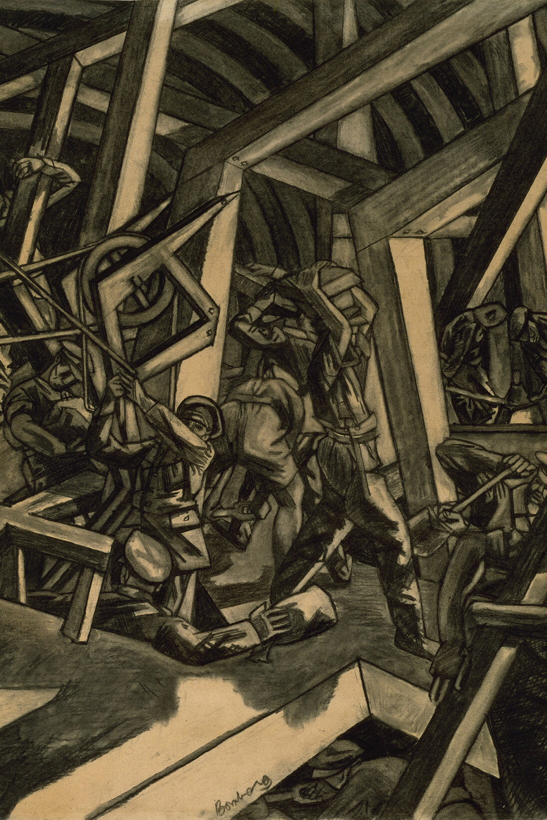 Sappers at Work Canadian Tunnelling Company, 
R14, St Eloi  by David Bomberg, 1918, Charcoal on paper © IWM (Art.IWM ART 2708) 