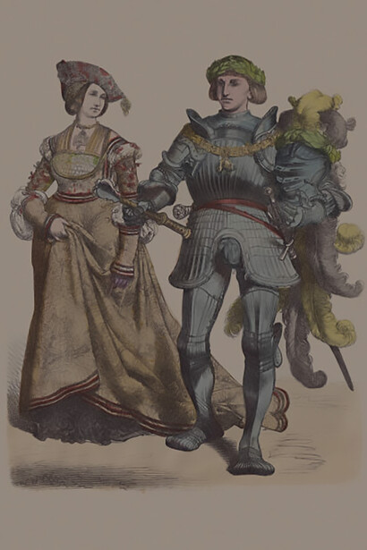 Drawing depicting people adorned in lavish attire and extravagant displays of luxury during the 18th century