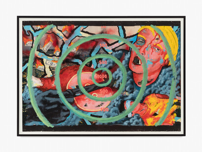 David Wojnarowicz, Good Morning America, Export News, 1984. Acrylic, spray and collage on paper, 53 x 75 in. Courtesy of Venus Over Manhattan