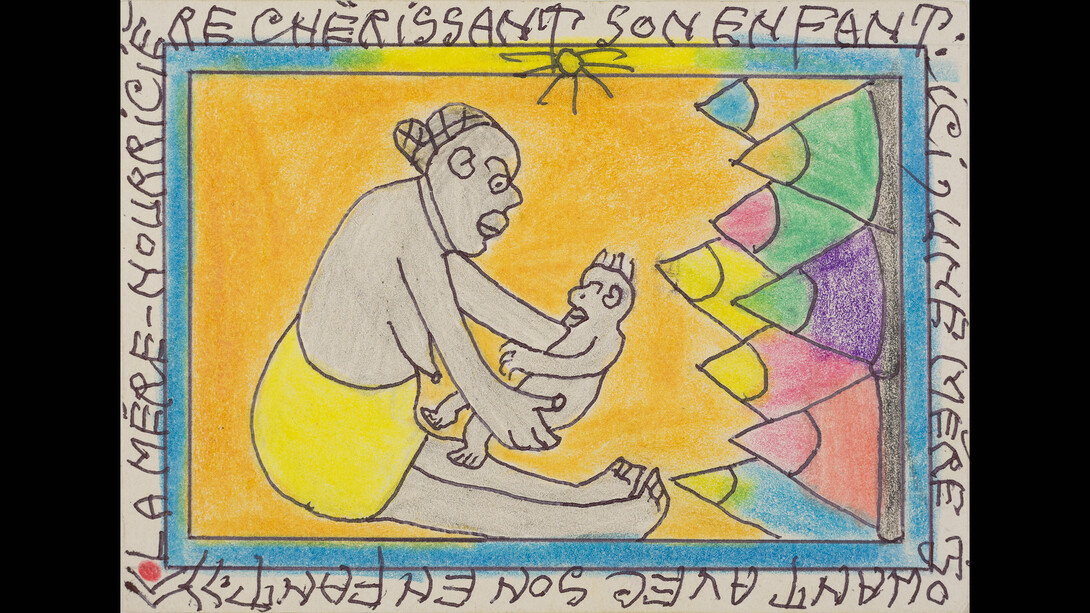 Frédéric Bruly Bouabrè, Ici, une mère momant avec son enfant, dalla serie
La mère - nourricière l'amour de son enfant, 2010, tecnica mista su
cartoncino, cm. 19x15.