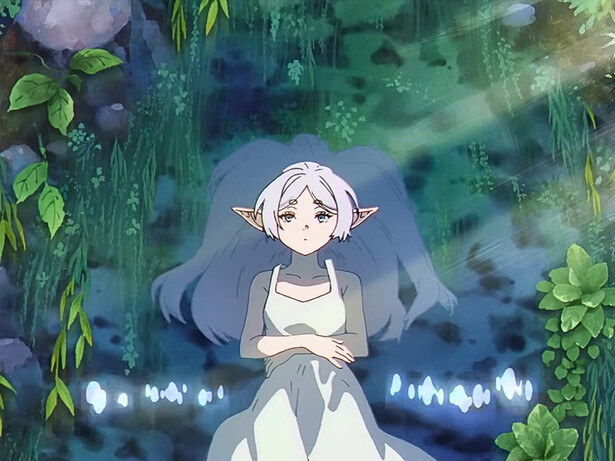 Frieren from Frieren: Beyond Journey’s End drifting peacefully through still waters, symbolising the melancholic beauty that defines contemporary fantasy anime