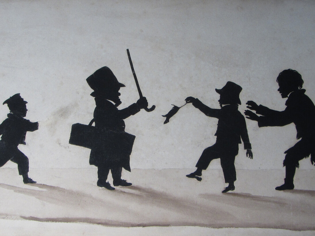 Augustin Edouart (1789-1861), Boys Teasing a Dwarf, Paper cut-out on paper, with ink wash, 22 x 38 cm © The Holburne Museum