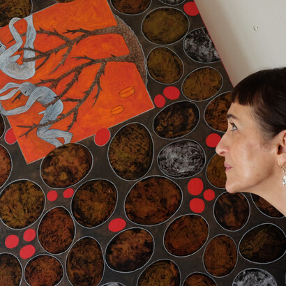 Marianna Bussola, Sopra acqua sopra vento sopra ogni maltempo (2006), acrilici e matite su tela 100x100 cm (dettaglio)
