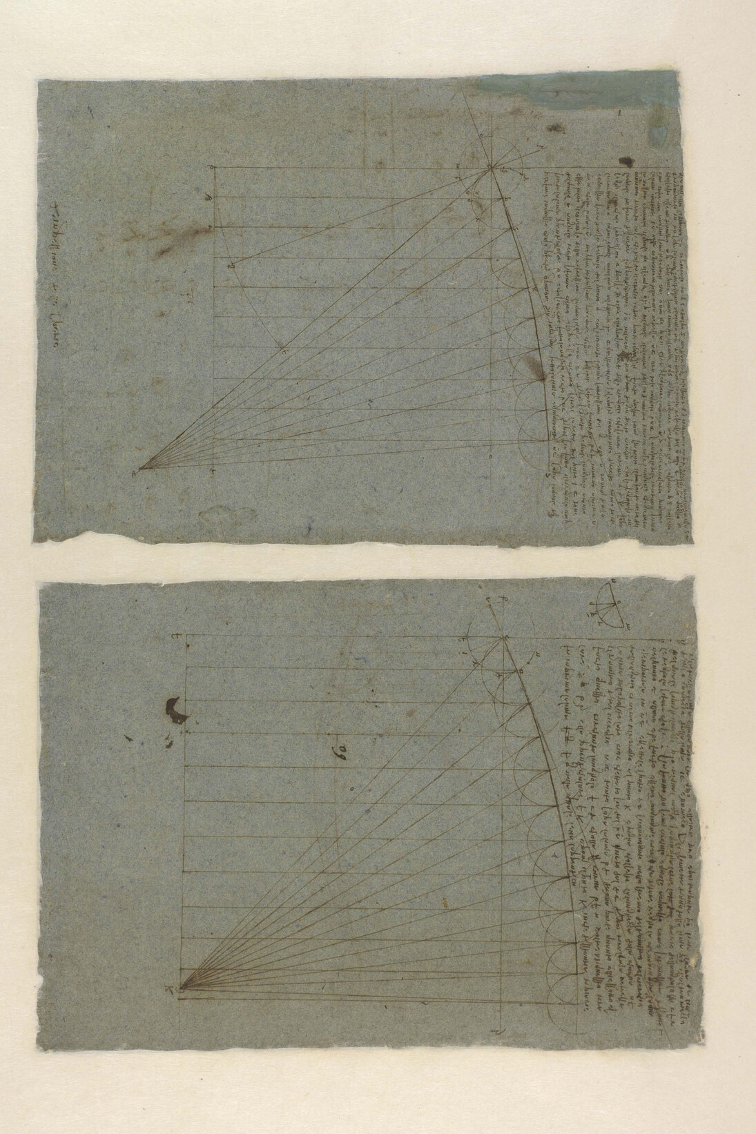 Ottica, Disegni e note sui raggi incidenti e riflessi (SB)
penna e inchiostro, incisioni a punta di stilo, forature da punta di compasso su carta azzurra, f. 751 a v, 205 x 284 mm , antica numerazione 62 (ex 277 v c), f. 751 b v, 204 x 286 mm, antica numerazione 60 (ex 177 v b), circa 1513.
