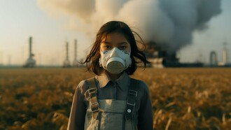 A young girl wears a protective mask as she stands before a backdrop of industrial pollution—symbolizing the next generation bearing the burden of today's climate inaction
