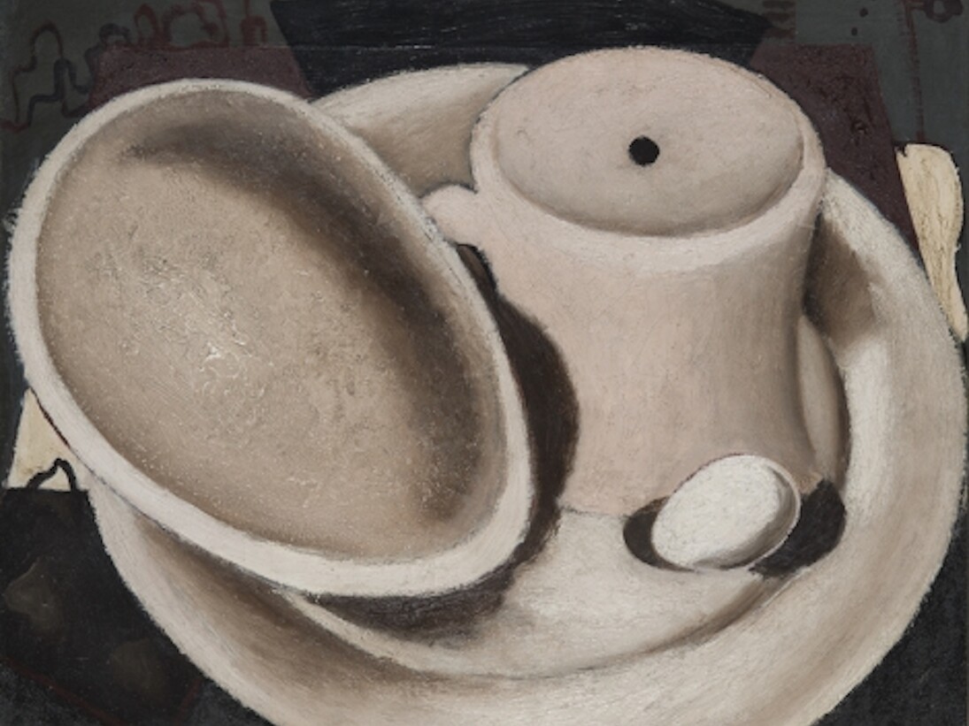 John Graham, "Coffee Cup (La tasse de café)", 1928. Oil and sand on canvas. 19-5/8 x 25-1/2. Collection Joseph P. Carroll and Dr. Roberta Carroll, Courtesy of Forum Gallery, New York.