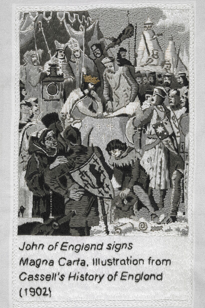 King John signs Magna Carta (1902) stitched by Janet Payne, Embroiderers’ Guild (Eastern Region)