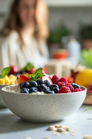 Bowls loaded with fruits and fibre, reflecting the connection between nutrition and inner balance