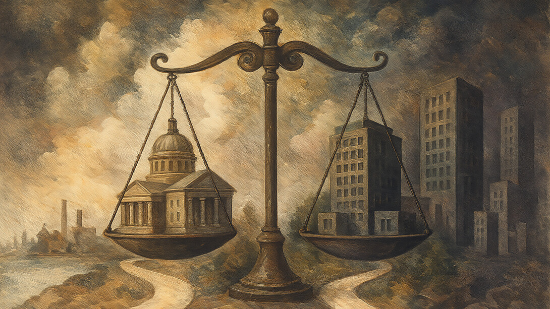 An artistic depiction of the balance between state power and market forces, symbolizing the tension within modern society’s political and economic systems