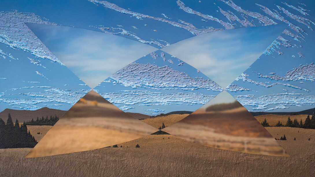 Saskia Fleishman, Prisms (Big Horn Medicine Wheel), 2023, acrylic and sand on digitally printed chiffon, 28x47.50 inches. Courtesy the artist and Red Arrow Gallery