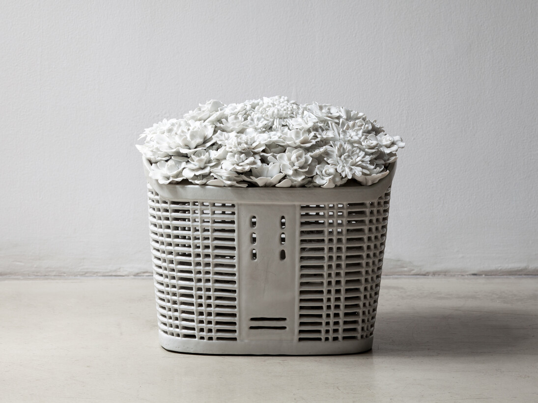 Ai Weiwei Bicycle Basket with Flowers, 2014, Porcelain, 14 1/2 x 13 1/2 x 7 3/4 in (37 x 34 x 20 cm)