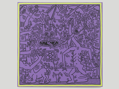 Keith Haring, Untitled (May 29, 1984), 1984, acrylic and fluorescent acrylic on canvas, 94 x 94 inches, 238.8 x 238.8 cm, signed and dated (on the reverse)
© Keith Haring Foundation. Courtesy Skarstedt Gallery