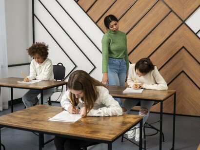 Learners writing answers in silence as a teacher patrols the room, symbolising the emphasis on individual performance over collaboration
