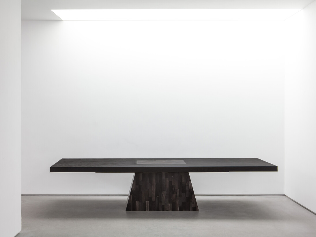 Rick Owens, Plug Table (petrified wood), 2012, petrified wood, black plywood, h77 l360 w115 cm / h30.3 l141.7 w45.3 in, limited edition of 4 + 2 ap, Courtesy of Carpenters Workshop Gallery 
